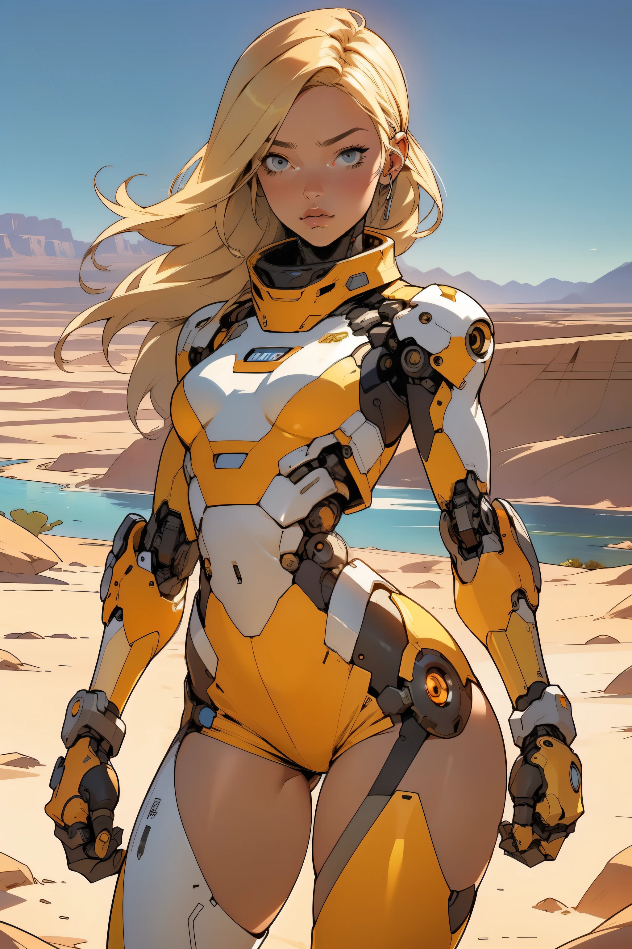 high quality, 4k, masterpiece, beautiful, cyborg girl, cowboy shot, dull eyes, front, looking at viewer, long blonde hair, girl, small breasts, fit thighs, robotic arms, robotic body, cyborg body, white & yellow uniform, orange accent, intricate detail, joint, detailed lines, robotic detail, holding fist up, holding hand up as fist, color robotic parts, robotic parts with color, perfect fingers, on a desert planet, sunny background, colorful desert, a river or a lake in the background, slender thighs, skinny thighs,