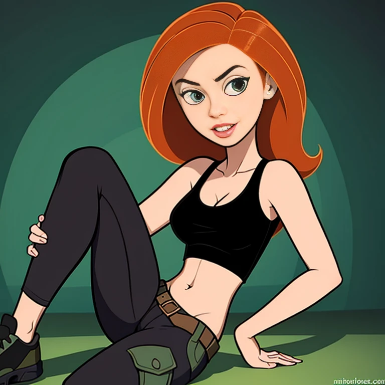 Masterpiece, best quality, detailed face, Kim Possible, black tank top, midriff, cleavage, posing, cargo pants, black shoes, red hair, looking at viewer, sexy smirk, perfect hands. 