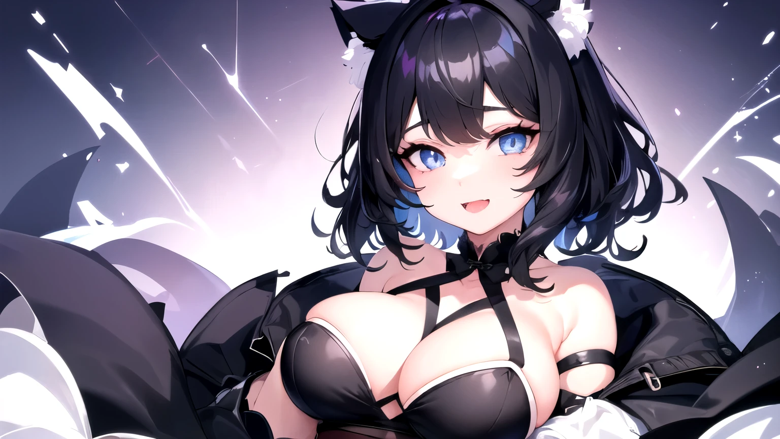 looking at the viewer, 1 girl, open your mouth, smile, Virtual YouTuber、with a girl、((highest quality, expensive_solve, clear_image)),(black hair), (black cat ears), (Ahoge), (ridiculously short hair), (wavy hair), (blue eyes)、very big breasts,I put on my loungewear、gentle laughter、Valley view、Lay down、