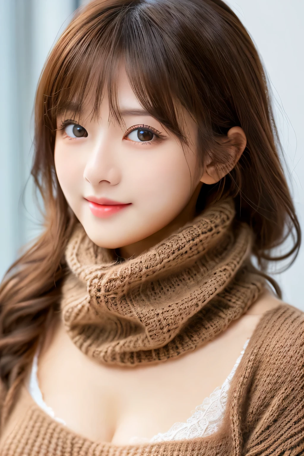 masterpiece, highest quality, One girl, (Beautiful girl, cute:1.3), (20-year-old:1.3), very fine resolution, (symmetrical eyes:1.3), (sweater, scarf:1.2), big breasts, big breasts, big chest, Double D size, show cleavage, brown eyes, parted bangs, brown hair, girl