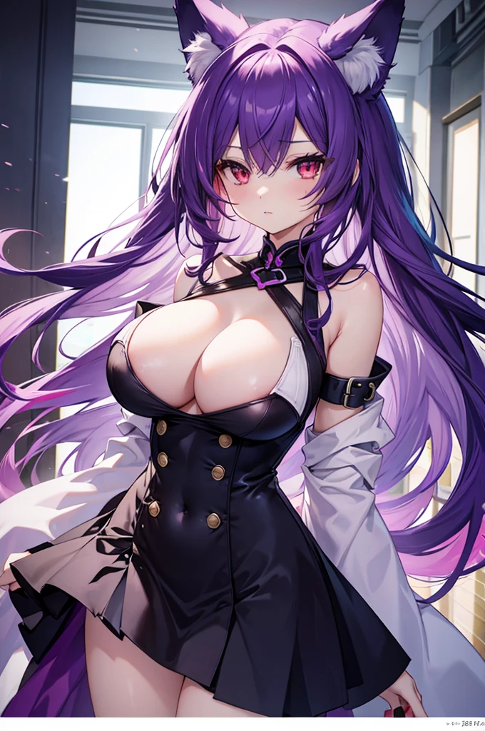 fox girl, big breasts, purple hair, masterpiece , red eyes, hd, Head to Chest, buried in my chest、underboob