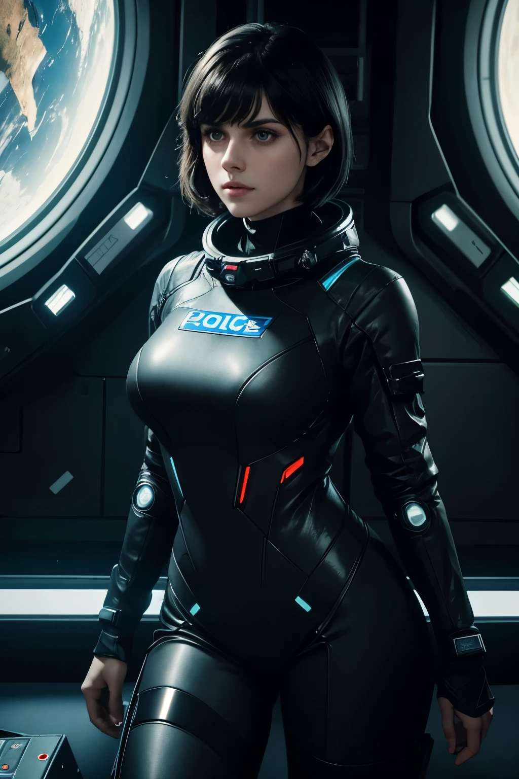 ALEXANDRA DADDARIO,short hair,Bangs,black hair,wear a dress ((Futuristic police space suit)) On the space station., realistic skin, incredible light, ultra realistic,complicated, Sharp focus, Ray Tracing, rtx, Professional color grading, Professional photography, Masterpiece, very detailed, High quality, best quality, 4k, 8k, raw , regeneration of the skin, big breasts,She breast size is M cup, full body, she very sexy, she have perfect body, she so beautifully,She have good eyes,She is full of charm,close up,She is on duty.