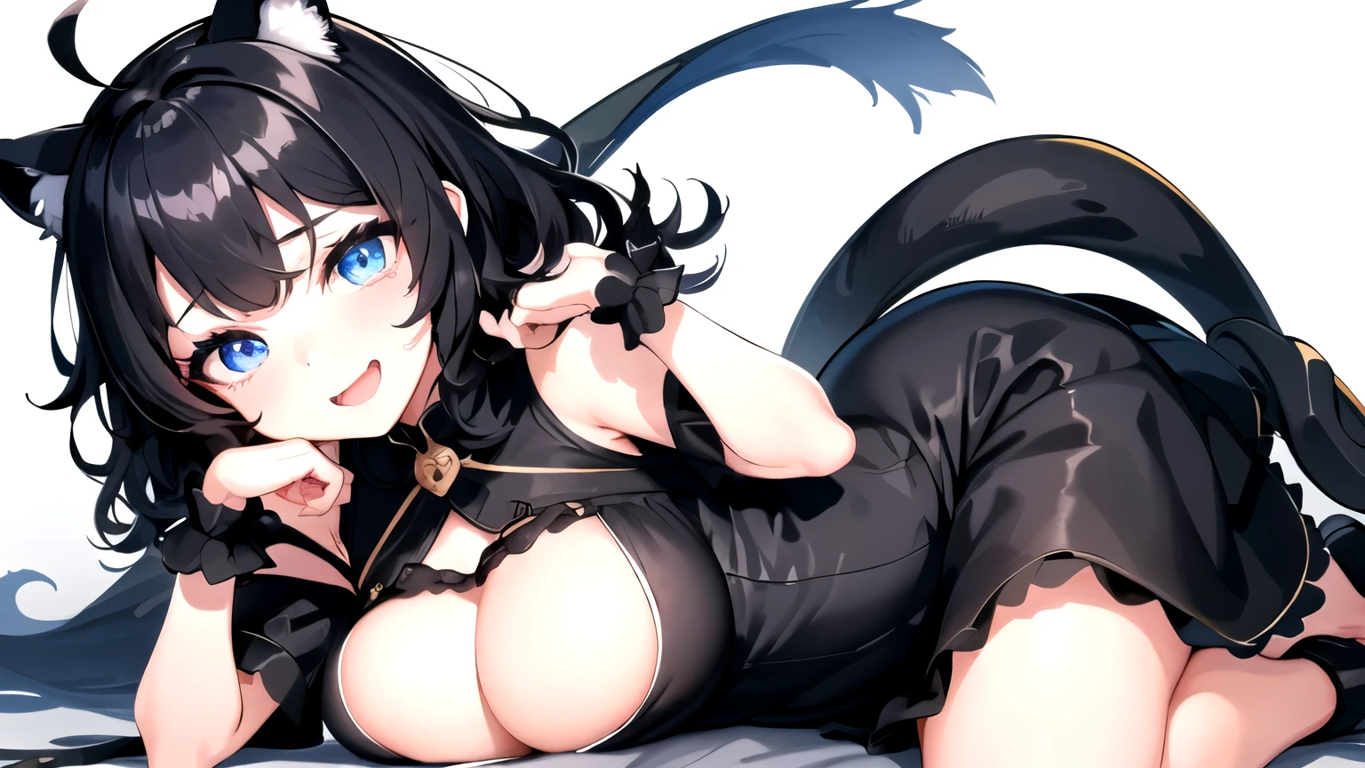 looking at the viewer, 1 girl, open your mouth, smile, Virtual YouTuber、with a girl、((highest quality, expensive_solve, clear_image)),(black hair), (black cat ears), (Ahoge), (ridiculously short hair), (wavy hair), (blue eyes)、very big breasts,wearing a t-shirt、gentle laughter、Valley view、Lay down、