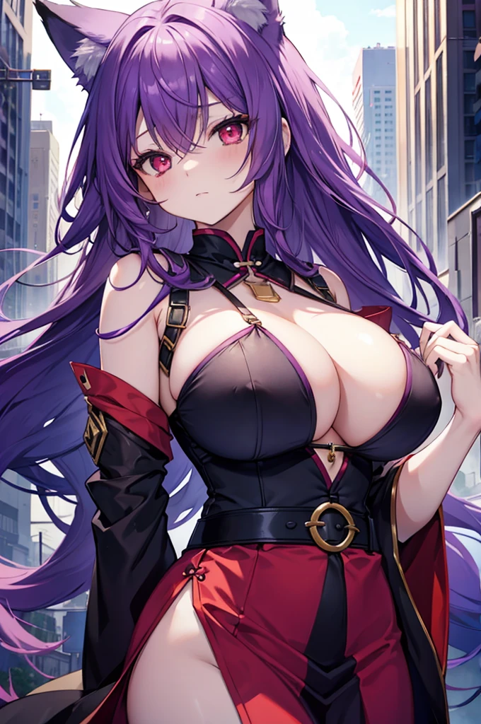 fox girl, big breasts, purple hair, masterpiece , red eyes, hd, Head to Chest, buried in my chest、underboob