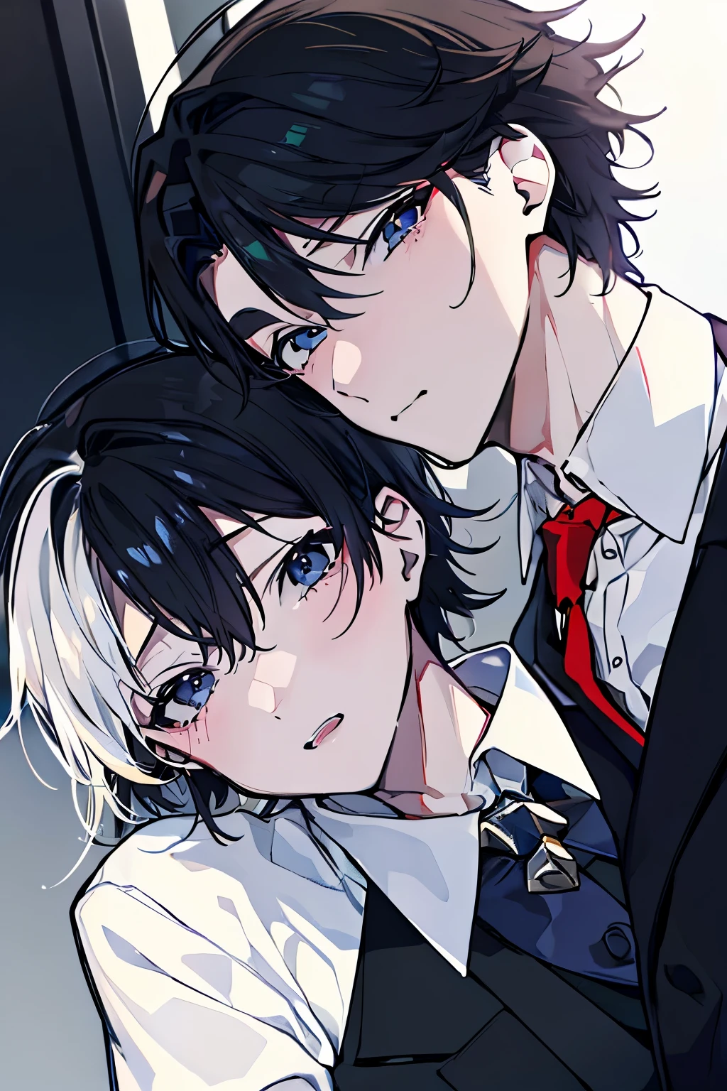 (muste piece), (best quality), very detailed, ((Two friendly men)), perfect face, beautiful face, very detailed顔,(black haired man:1.3),(white haired man:1.3),suit,shirt
