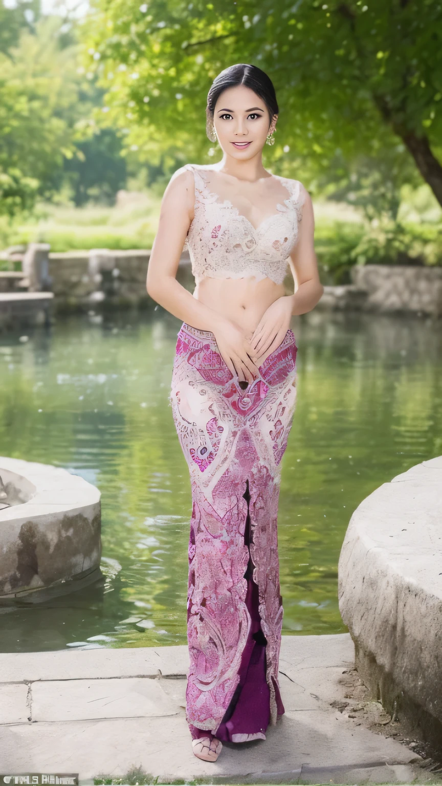8k, highest quality, ultra details, Balinese beauty, wearing kebaya and paterned batik dress, colorful and lively, representing the vibrant spirit of Balinese culture. Beautiful and detailed face with expressive features, ((Beautiful woman: 1.7, Mature and alluring: 1.7, Lustful expression: 1.7, 21 years old: 1.7, Height: 155cm, slim waist and hourglass figure, Thin thigh, Skinny body: 1.1, flat abdomen, Fat ass: 1.7, Round and jutting buttocks, Tall stature: 1.5, 1 girl, solo, Covetable large breasts: 1.7, Slim waistline: 1, Attractive young girl with an air of seduction: 1.7, Aroused girl with desire in her eyes: 1.7)), ((Detailed: 1.4)), (High dynamic range: 1.2), ray tracing: 1.0, NVIDIA RTX: 1.1, Super resolution: 1.0, Unreal 5: 1.1, Scattered beneath the surface: 1.1, (PBR texturing: 1.2), post processing: 1.0, Standing confidently in front of pond with vishnu statue