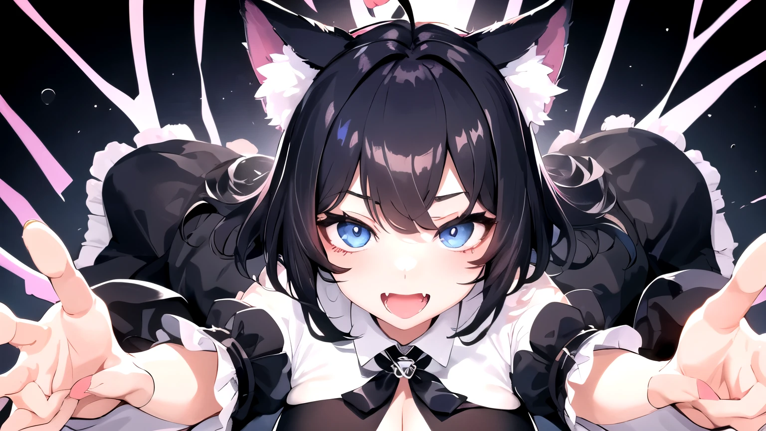 looking at the viewer, 1 girl, open your mouth, smile, Virtual YouTuber、with a girl、((highest quality, expensive_solve, clear_image)),(black hair), (black cat ears), (Ahoge), (ridiculously short hair), (wavy hair), (blue eyes)、very big breasts,wore a shirt、gentle laughter、Valley view、Lay down、