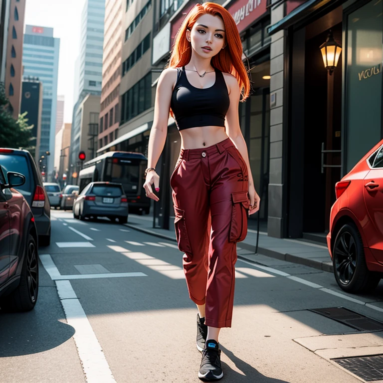 Masterpiece, best quality, detailed face, Kim Possible, black tank top, midriff, cleavage, walking, cargo pants, black shoes, red hair, looking at viewer, sexy smirk, perfect hands, in a city