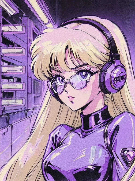 (Blonde Barbie:1.2),(vintage 90's:1.1),(romance anime style:1.3), white glasses, headphones, dark cyberpunk city, dystopia, dark color scheme with a black and purple background, waist up, lilac turtleneck