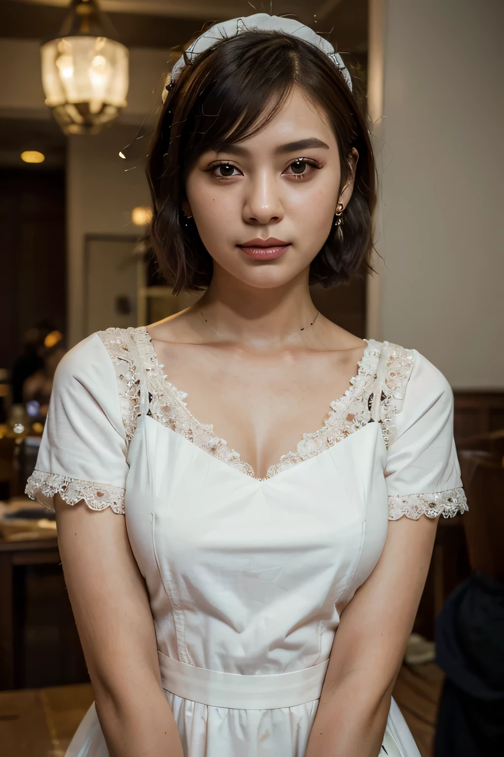 best quality, ultra high res, (photorealistic:1.4), 1 girl, (ulzzang-6500:1.0), Kpop idol, (intricate maid crothes:1.4), dark short cut hair, intricate earrings, intricate lace hair ornament