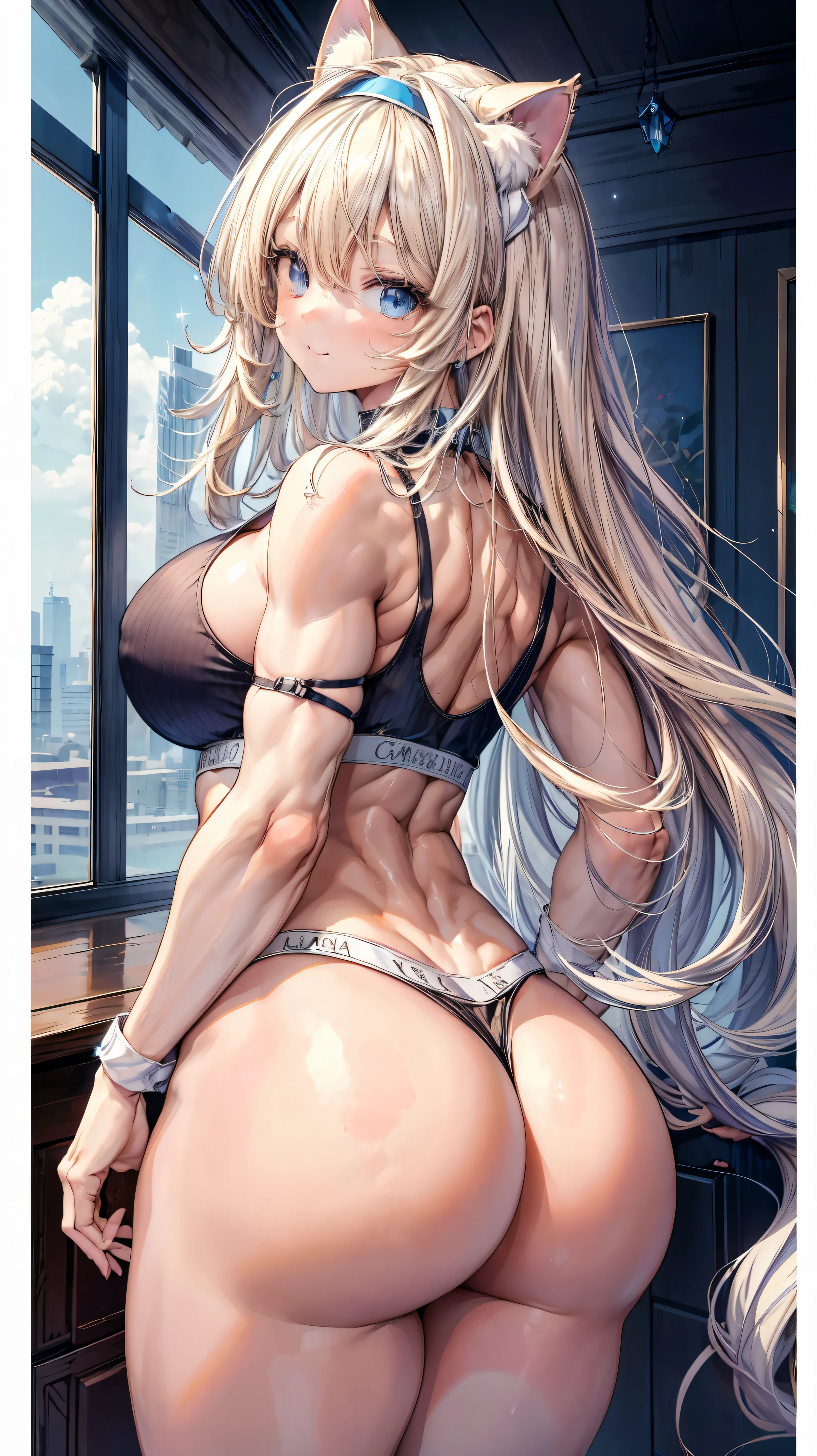 Super detailed、highest quality、best image quality、masterpiece、8K、Anime Face、gentle smile、Sparkling Blue Eyes、Blonde Curly Hair、Cat ears grow、Wearing a headband、(SFW huge body)、(((Rear view)))、cowboy shot、Wearing a thong、Muscles of the whole body、With a cat