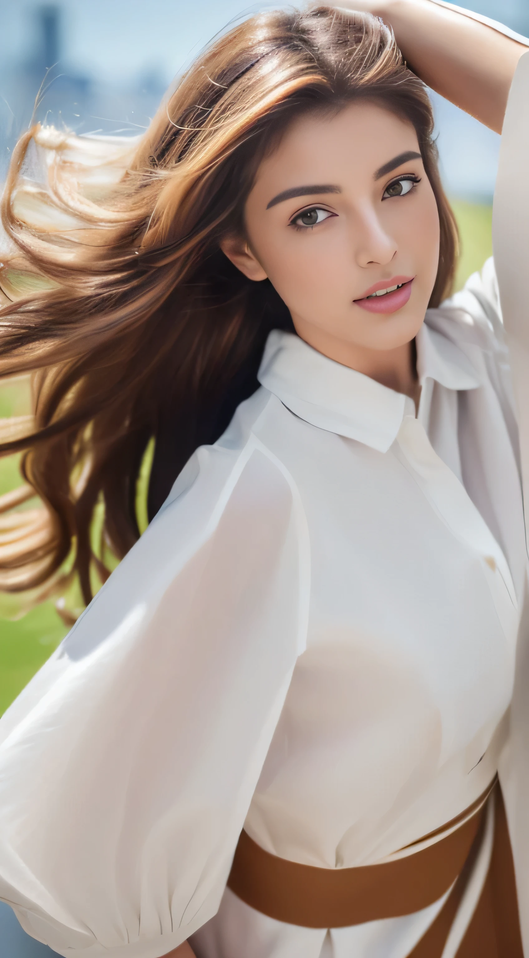 ((highest quality, 4k, masterpiece: 1.3)), beautiful woman with perfect figure: 1.4, (abs, developed hand muscles: 1.2), light brown hair, Highlighted Hair、Highly detailed face and skin texture, detailed eye, double eyelid,((Long straight hair_Hair reaching down to the waist:1.3))、((wearing a white shirt dress:1.4))、