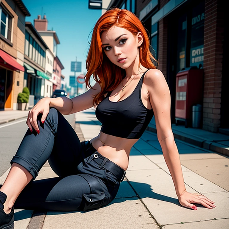 Masterpiece, best quality, detailed face, Kim Possible, black tank top, midriff, cleavage, posing, cargo pants, black shoes, red hair, looking at viewer, sexy smirk, perfect hands, in a city