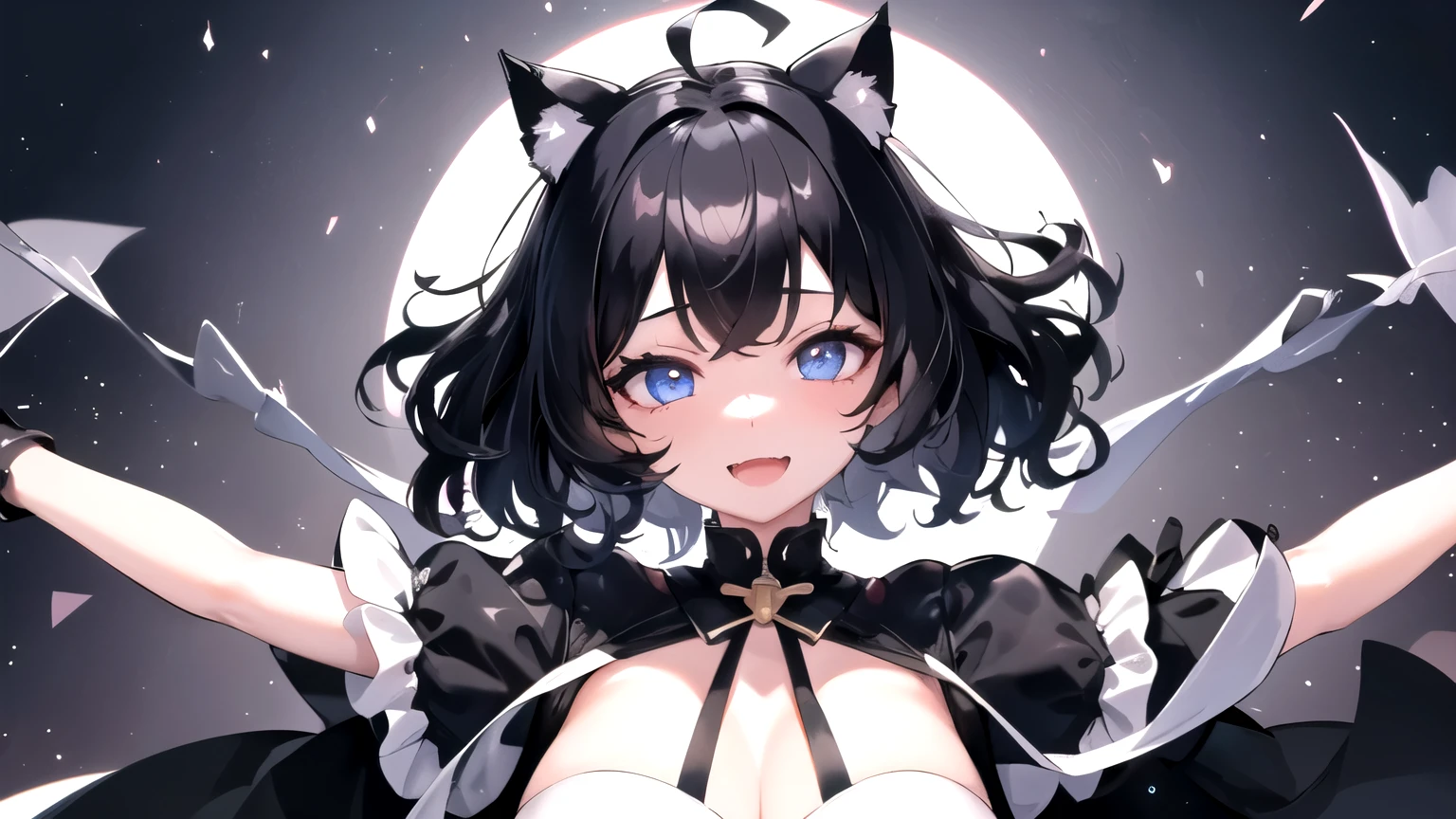 looking at the viewer, 1 girl, open your mouth, smile, Virtual YouTuber、with a girl、((highest quality, expensive_solve, clear_image)),(black hair), (black cat ears), (Ahoge), (ridiculously short hair), (wavy hair), (blue eyes)、very big breasts,I put on my loungewear、gentle laughter、Valley view、Lay down、