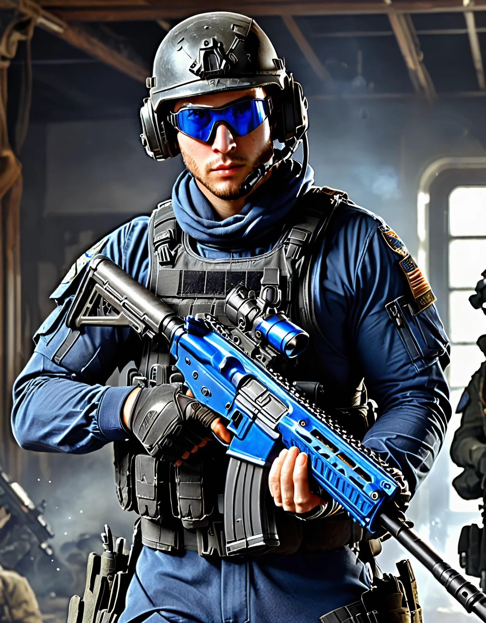 1boy, age 30, solid blue flag patch on shoulder, assault rifle, tactical vest, gloves, tactical gloves, goggles, goggles on headwear, gun, handgun, helmet, headset, male focus, military, military uniform, realistic, solo, trigger discipline, uniform, blue uniform, weapon