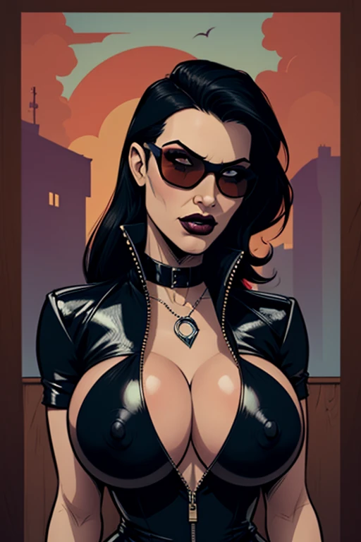 una mujer (massive breasts, glossy, cleavage, visible nipples:0.1, full lips, Ray Ban sunglasses) con cabello negro largo y vistiendo una falda corta rojra, ojos azules, arte zombie, gothic art, nice aesthetic with vibe, cartoon aesthetic, vistiendo traje rojo, wearing gothic accessories, parecerse a cassie hack, backward, Mirando backward, retrato, in the style of fancy Tarot cards