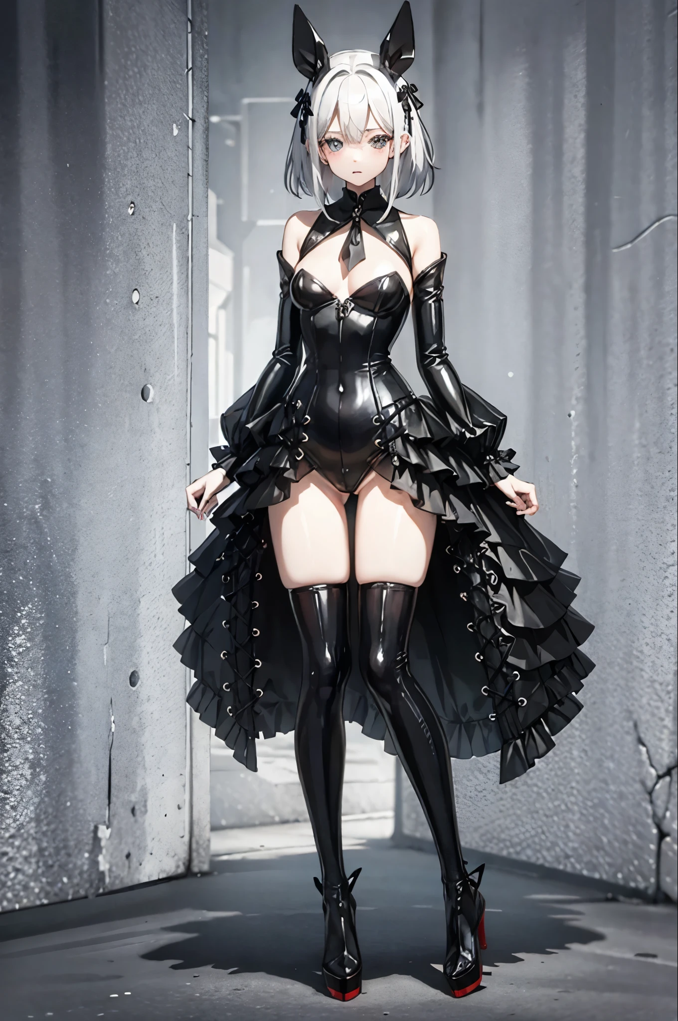 Black latex bunny suit with high heels white hair long cute legs wiothout cloth full body