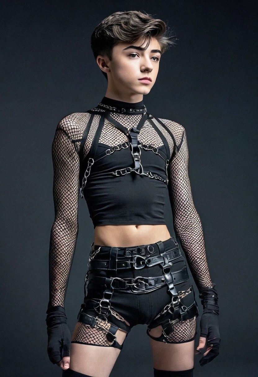 Highres, Masterpiece, Best quality at best,Best Quality,hight quality, hight detailed, 1boy, Asher Angel, 20-Year-Old-Boy, BDSM, revealing Bondage Outfit, Masterpiece Very Detailed Wallpaper, ((skin uncovered: 1.8)), skiny body, masculine body