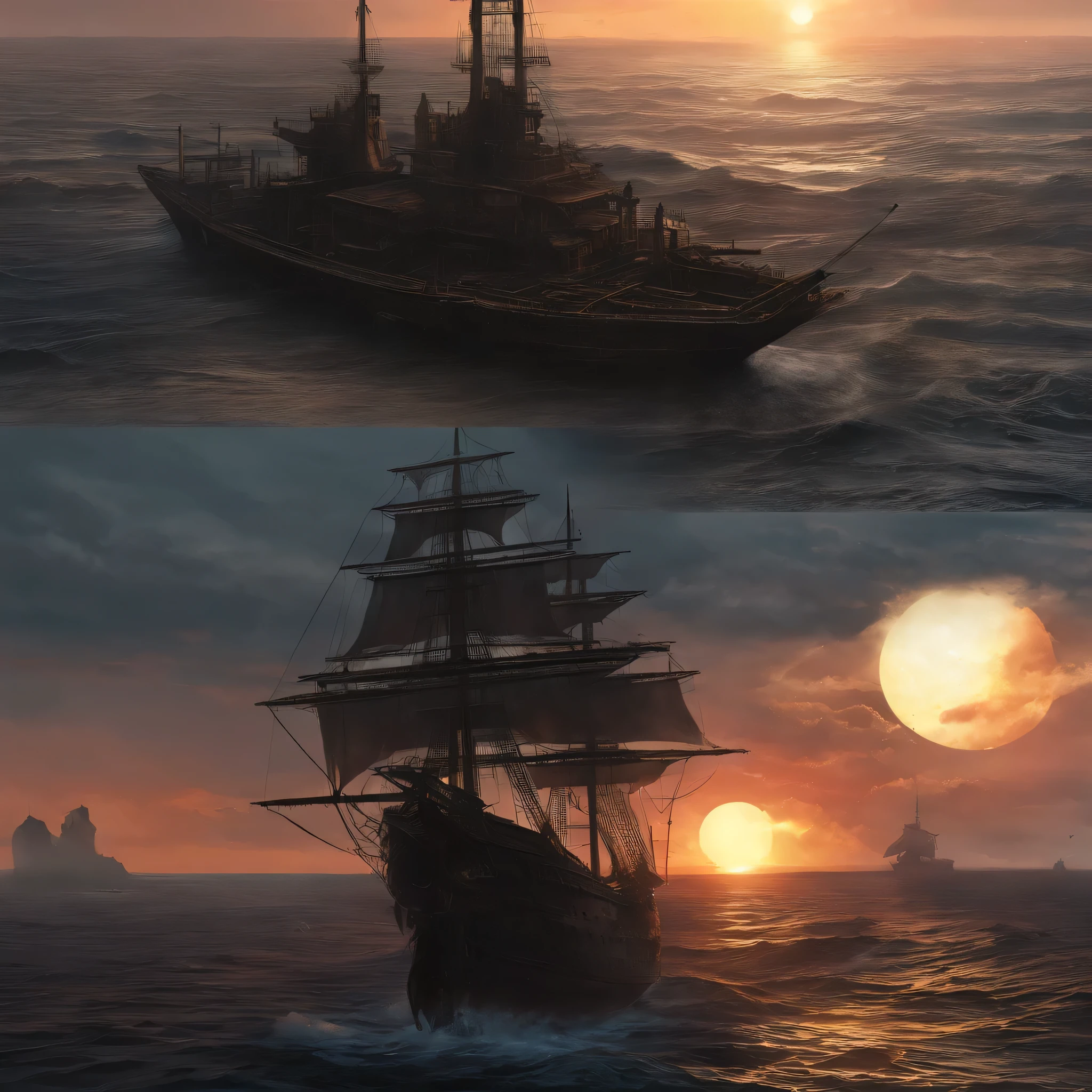 painting of a ship in the ocean with a sunset in the background, detailed cover artwork, amazing wallpaper, pirate ship, old pirate ship, gothic ship on ocean, 4k highly detailed digital art, burning ships, inspired by gaston bussiere, by Roman Bezpalkiv, detailed painting 4 k, by Arthur Pan, by Aleksander Gine