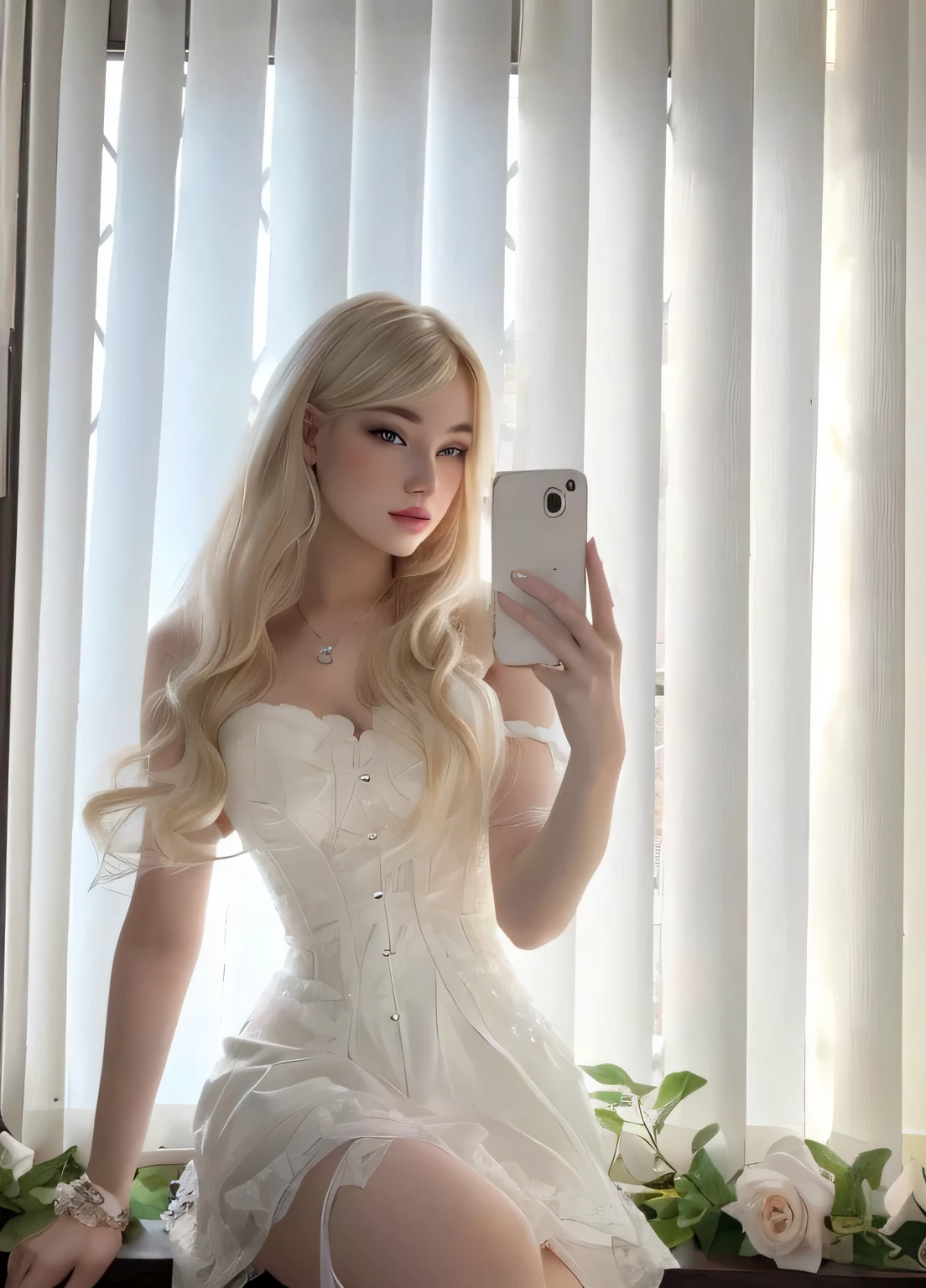 Blonde woman dressed in white taking a selfie in front of the window., bella delfina, retrato de kim petras, con pelo largo y rubio, pelo largo y blanco y flequillo, Lalisa Manobal, pale skin curly blonde hair, peinado de corte hime blanco, with pale skin, young beautiful amoranto, amoranto, con cabello rubio muy largo