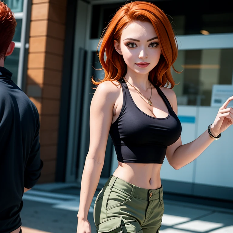 Masterpiece, best quality, detailed face, Kim Possible, black tank top, midriff, cleavage, walking, cargo pants, black shoes, red hair, looking at viewer, sexy smirk, perfect hands, in a city