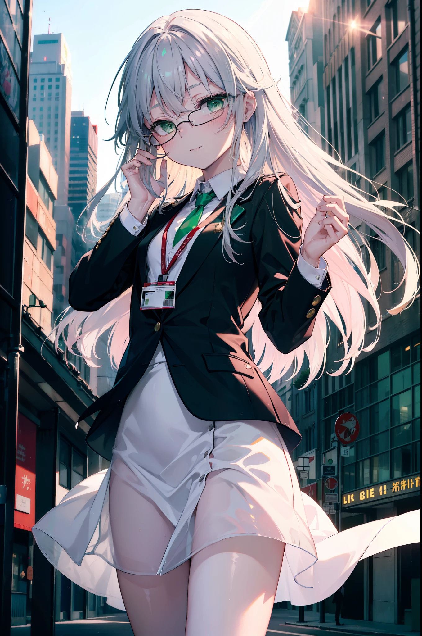 index, index, (green eyes:1.5), silver hair, long hair, (flat chest:1.2),smile,blush,open your mouth,
OL, red glasses, end, black suit jacket, collared jacket, white dress shirt, collared shirt, neckline, button, strap, ID card on neck, black pencil skirt, black pantyhose, stiletto heels, city street,morning,morning陽,The sun is rising, breaking the viewer, Upper body, whole body, (cowboy shot:1. 5)
break outdoors, In town,Destroy a city of buildings (masterpiece:1.2), highest quality, High resolution, unity 8k wallpaper, (figure:0.8), (detailed and beautiful eyes:1.6), highly detailed face, perfect lighting, Very detailed CG, (perfect hands, perfect anatomy),