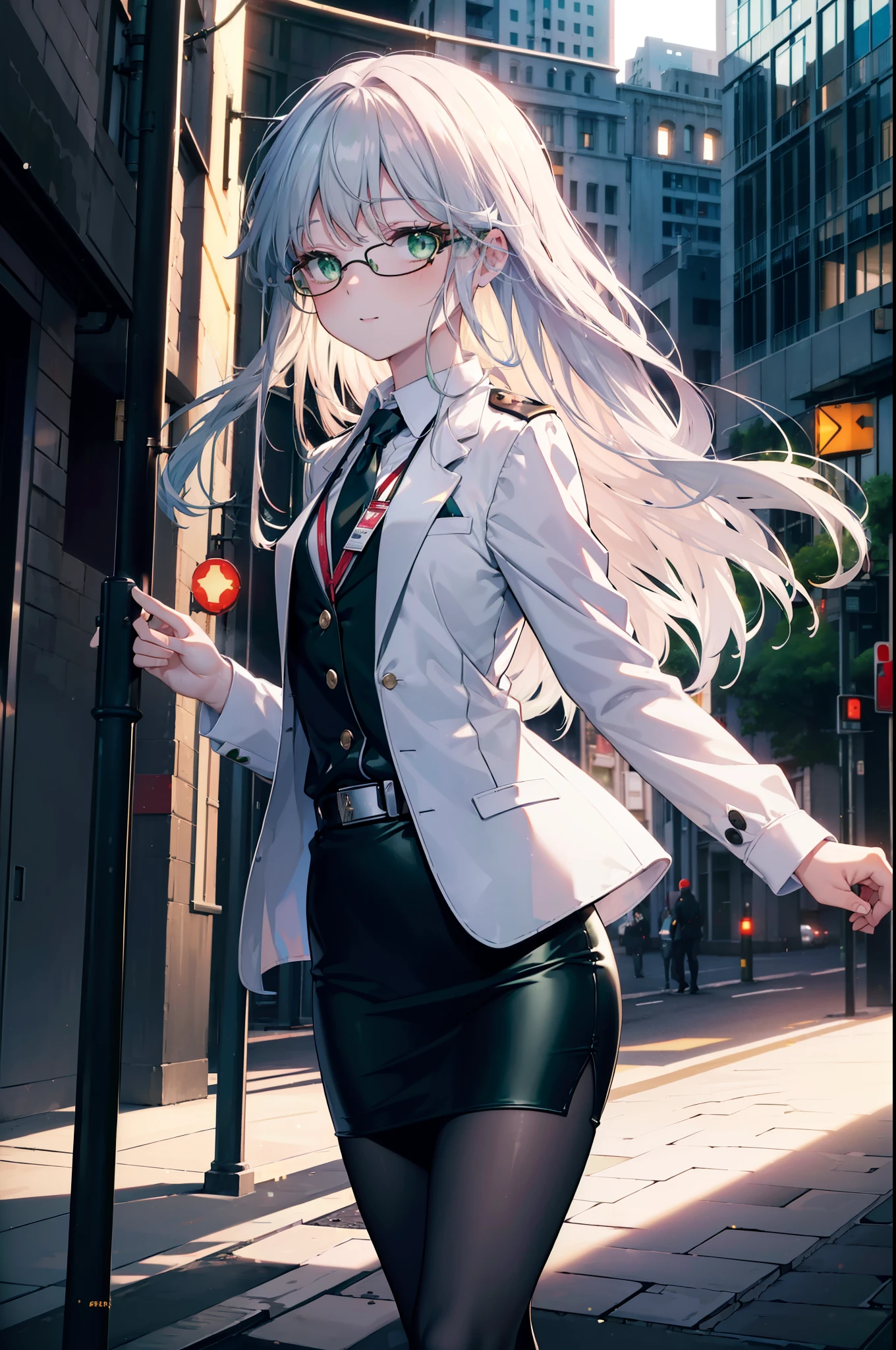 index, index, (green eyes:1.5), silver hair, long hair, (flat chest:1.2),smile,blush,open your mouth,
OL, red glasses, end, black suit jacket, collared jacket, white dress shirt, collared shirt, neckline, button, strap, ID card on neck, black pencil skirt, black pantyhose, stiletto heels, city street,morning,morning陽,The sun is rising, breaking the viewer, Upper body, whole body, (cowboy shot:1. 5)
break outdoors, In town,Destroy a city of buildings (masterpiece:1.2), highest quality, High resolution, unity 8k wallpaper, (figure:0.8), (detailed and beautiful eyes:1.6), highly detailed face, perfect lighting, Very detailed CG, (perfect hands, perfect anatomy),
