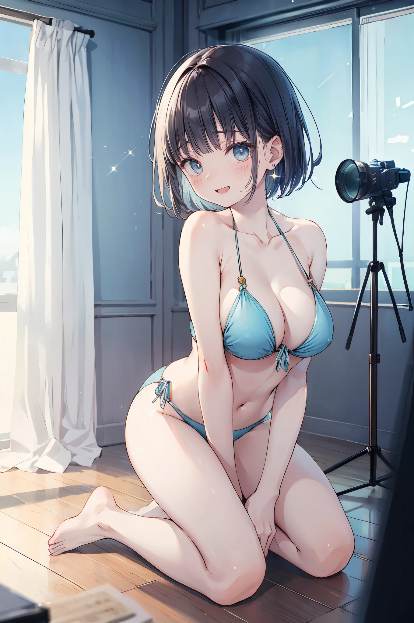 (8Kmasterpiece,highest quality:1.4),ultra high resolution,hyper detail
BREAK (1 girl),(),beautiful face,(perfect anatomy:1.2)
BREAK (light blue eyes),(sparking eyes:1.3),(sleepy eyes:1.3),(beautiful and delicate eyes:1.2),big eyes,shining eyes,(thin and long eyelashes:1.2)
BREAK (black hair),(short hair),(blunt bangs:1.3) BREAK(shy),(great joy),(condescend laugh:1.3)
BREAK (big breasts:1.4),slender body,(beatiful collarbone:1.2),(beatiful around the neck),(big thighs),(big ass)
BREAK (light blue bikini:1.3),(flower ornament),(earring:1.2)
BREAK (on one knee:1.3)
BREAK (photography studio:1.3)
BREAK depth of written boundary,spectacular panoramic view,lens flare,(looking viewer:1.5),(vignette light:1.2),shot from side