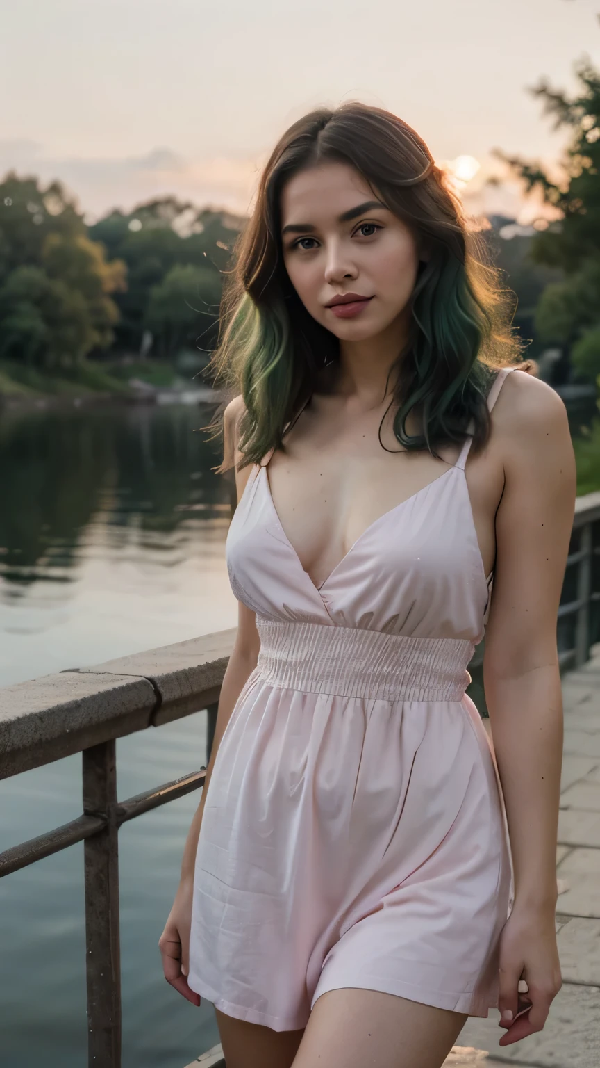 1girls, Nur, green Hair , 24 years old , the image. The breeze gently rustles her , wavy hair, adding a subtle, natural movement to the scene. The sunset backdrop, painted with hues of orange, pink, and purple, creates a dreamlike atmosphere, enhancing the enchanting aura surrounding this beautiful woman. Her pose, exuding confidence and elegance, is meticulously crafted, each detail thoughtfully captured in the photorealistic, ultra-high resolution photograph. The image, imbued with a raw, organic charm, is a true testament to the artistry of the photographer, a timeless masterpiece that can be admired for generations to come. (Photographed in a Canon E Wear a stylish summer dress