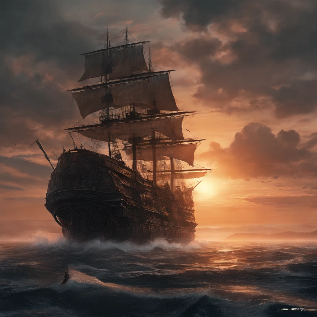 painting of a ship in the ocean with a sunset in the background, detailed cover artwork, amazing wallpaper, pirate ship, old pirate ship, gothic ship on ocean, 4k highly detailed digital art, burning ships, inspired by gaston bussiere, by Roman Bezpalkiv, detailed painting 4 k, by Arthur Pan, by Aleksander Gine