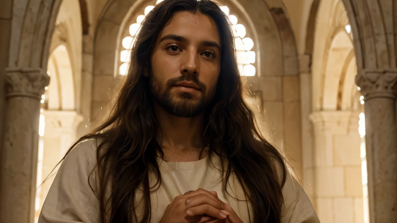 "Depict a high definition image of Jesus Christ that conveys a sense of peace and serenity. The image must portray Jesus in a timeless and universally recognizable setting, with soft facial features and compassionate expression. Suas vestes devem refletir tanto a simplicidade quanto a dignidade, com cores suaves e uma aura de luz suave ao redor de sua figura. Details such as her loving eyes and the marks on her hands and feet must be represented with great care and realism., conveying his divinity and sacrifice. The composition of the image should evoke a sense of spiritual connection and hope,