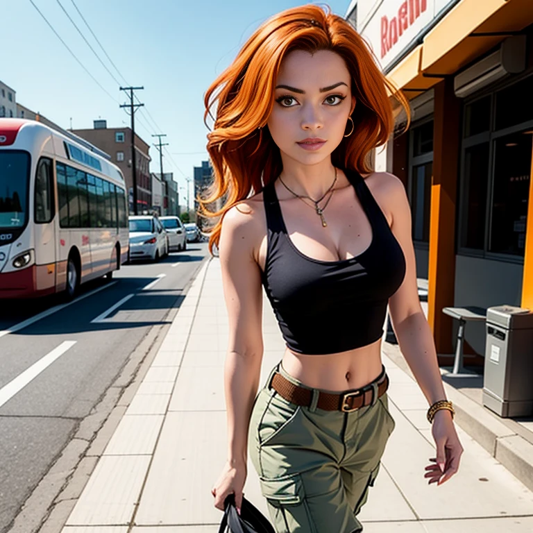 Masterpiece, best quality, detailed face, Kim Possible, black tank top, midriff, cleavage, walking, cargo pants, black shoes, red hair, looking at viewer, sexy smirk, perfect hands, in a city