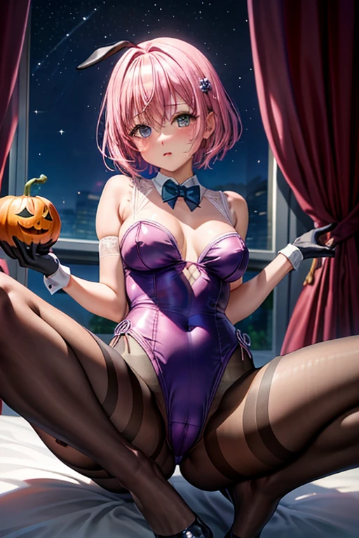 (highest quality:1.1), (masterpiece:1.4), (absurd:1.0), Portrait, Close-up,
1 girl、Momoberia Deviluke、hair ornaments、bob cut、short pink hair、purple eyeedium chest、((leotard))、looking at the viewer、Bedroom、(blush:1.2)、embarrassed look、(((Mesh pantyhose)))、black background、((long gloves))、((spread legs))、high heels、Pumpkin lantern、full moon、Bunny girl