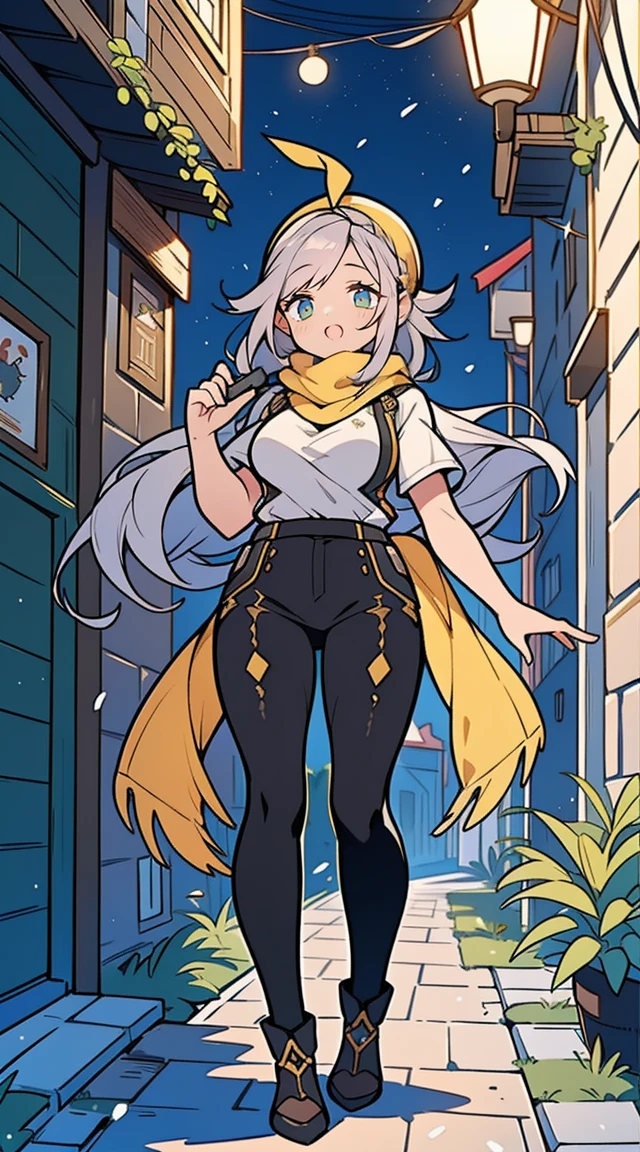 1 garota,20s,mulher madura,cabelo longo, cabelo branco,cabelo encaracolado,olhos amarelos,(cara de bravo), medium breasts,mostrar barriga,decote,chifres,orelhas de elfo,((yellow scarf)),(((walking in an alley of a city at noite,noite))),tiro de vaqueiro,de frente,(camiseta preta,black pencil skirt,Black leather pants),