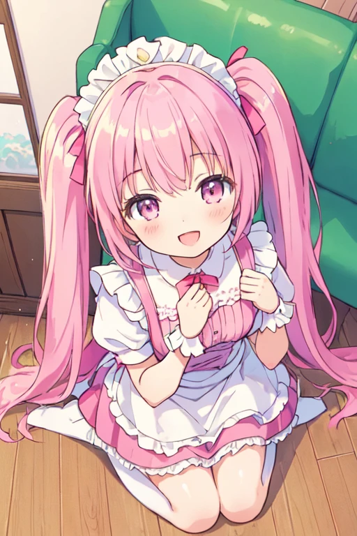 (best quality, masterpiece:1.2), illustrations, a cute girl, early teens, very lovingly face, twintails, pink hair, maid wear, happy smile, open mouth, kneeling on wooden floor, in front of standing viewer, (from above:1.5), overlooking, in the livingroom,