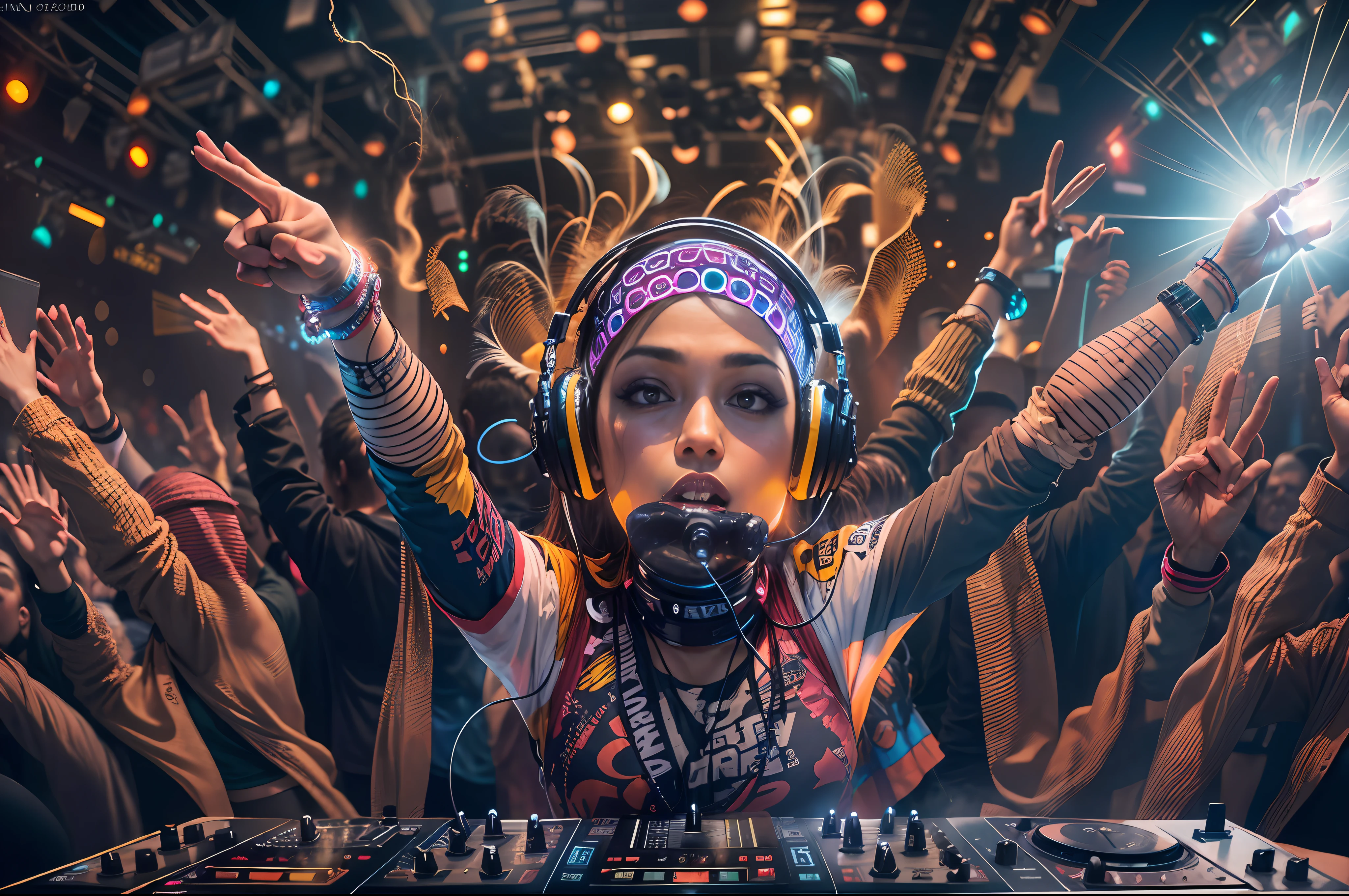 Photograph capturing the dynamic essence of a skilled DJ, vibrant energy, captivating performance, pulsating beats, infectious rhythm, intense lighting, energetic crowd, electric atmosphere.