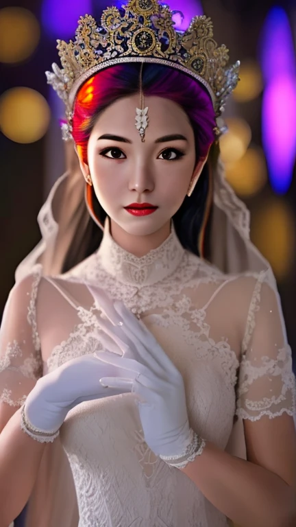 (1 girl focus, 24 yo,princess,royal,vibrant colors,vibrant lighting,gorgeous,perfect face,stunning,beautiful white dress made from silk,elegant,white gloves,looking at the camera) (best quality,4k,8k,highres,masterpiece:1.2),ultra-detailed,(realistic,photorealistic,photo-realistic:1.37),HDR,UHD,studio lighting,ultra-fine painting,sharp focus,physically-based rendering,extreme detail description,professional,vivid colors,bokeh portraits,photography,concept artists