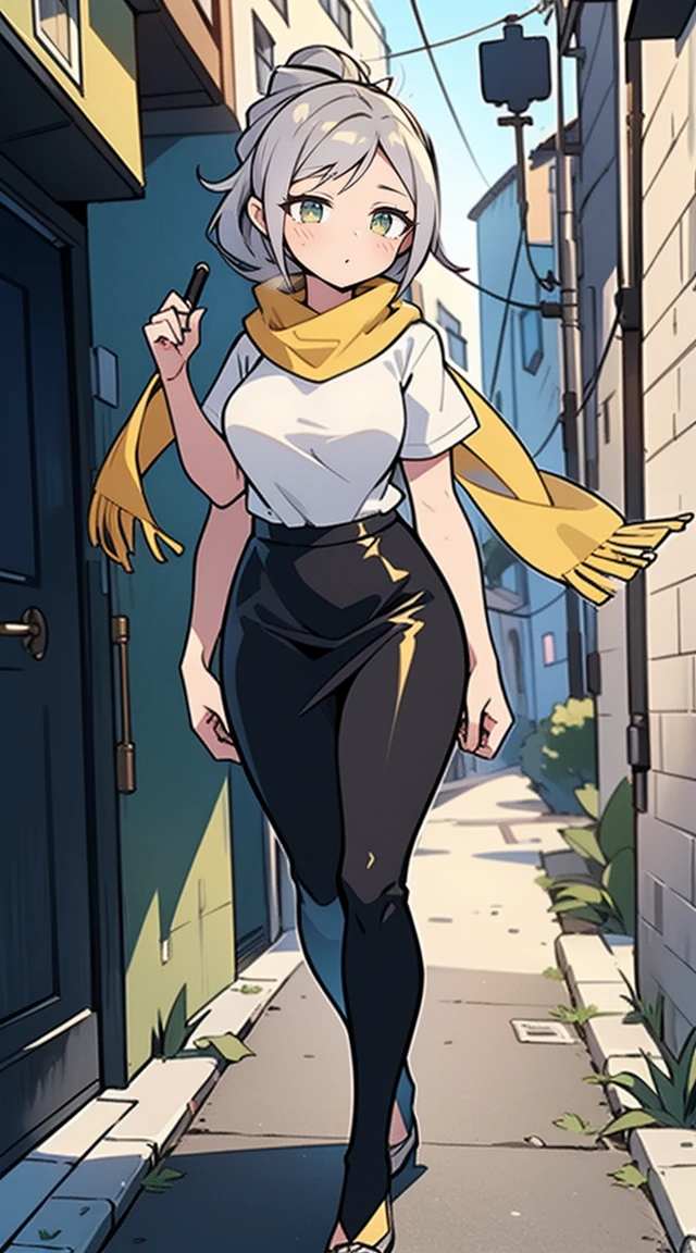 1 garota,20s,mulher madura,cabelo longo, cabelo branco,cabelo encaracolado,olhos amarelos,(cara de bravo), medium breasts,mostrar barriga,decote,chifres,orelhas de elfo,((yellow scarf)),(((walking in an alley of a city at noite,noite))),tiro de vaqueiro,de frente,(camiseta preta,black pencil skirt,Black leather pants),