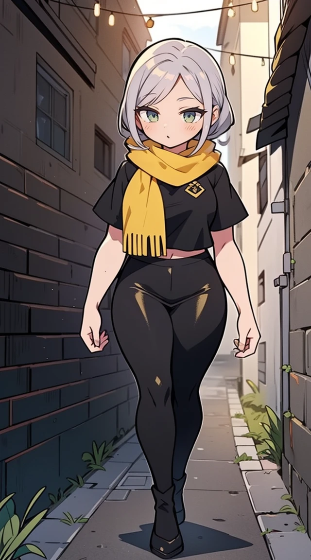1 garota,20s,mulher madura,cabelo longo, cabelo branco,cabelo encaracolado,olhos amarelos,(cara de bravo), medium breasts,mostrar barriga,decote,chifres,orelhas de elfo,((yellow scarf)),(((walking in an alley of a city at noite,noite))),tiro de vaqueiro,de frente,(camiseta preta,black pencil skirt,Black leather pants),