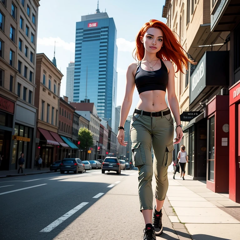 Masterpiece, best quality, detailed face, Kim Possible, black tank top, midriff, cleavage, walking, cargo pants, black shoes, red hair, looking at viewer, sexy smirk, in a city