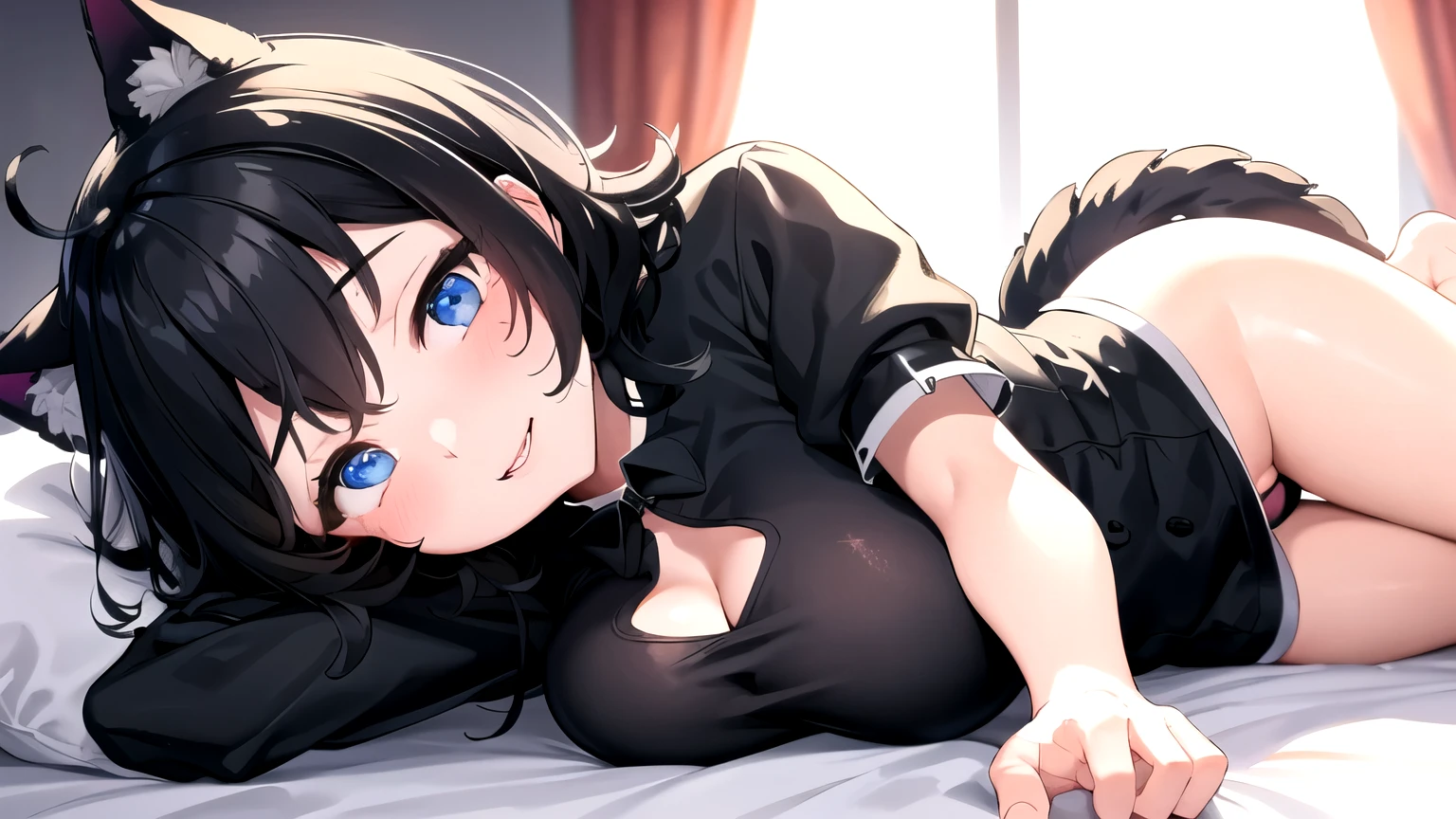 looking at the viewer, 1 girl, open your mouth, smile, Virtual YouTuber、with a girl、((highest quality, expensive_solve, clear_image)),(black hair), (black cat ears), (Ahoge), (ridiculously short hair), (wavy hair), (blue eyes)、very big breasts,wore a shirt、gentle laughter、Valley view、Lay down、Tempting Gaze、Background bedroom、on the bed、