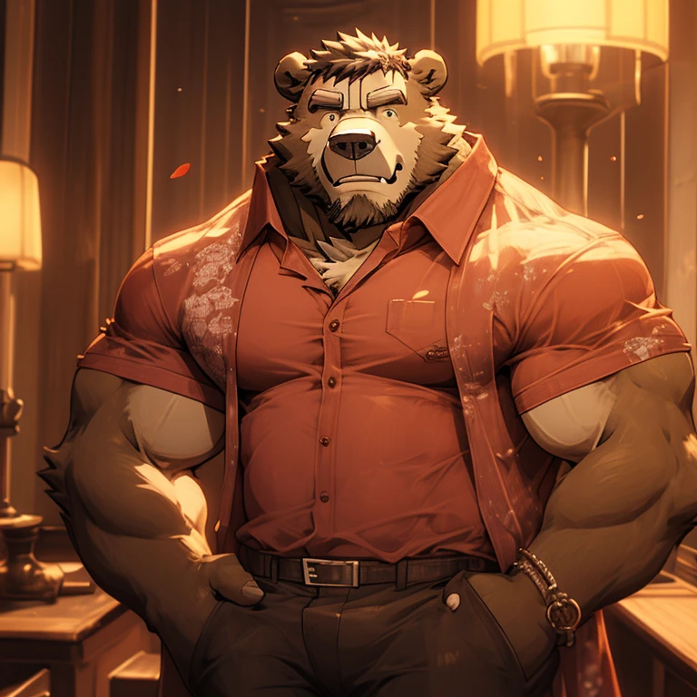 (Super detailed), Sharp focus,hairy, Black and white fur), black beard, Black Hair,human nature (棕Bear:1.3), male, Middle-aged and elderly, Brown body, White belly, Muscular ,(Crotch bulge),Super detailed的脸,(dishevelled:1.4),(best quality), (masterpiece), High Detail, high quality,High resolution,16K,(Bear:1.3)