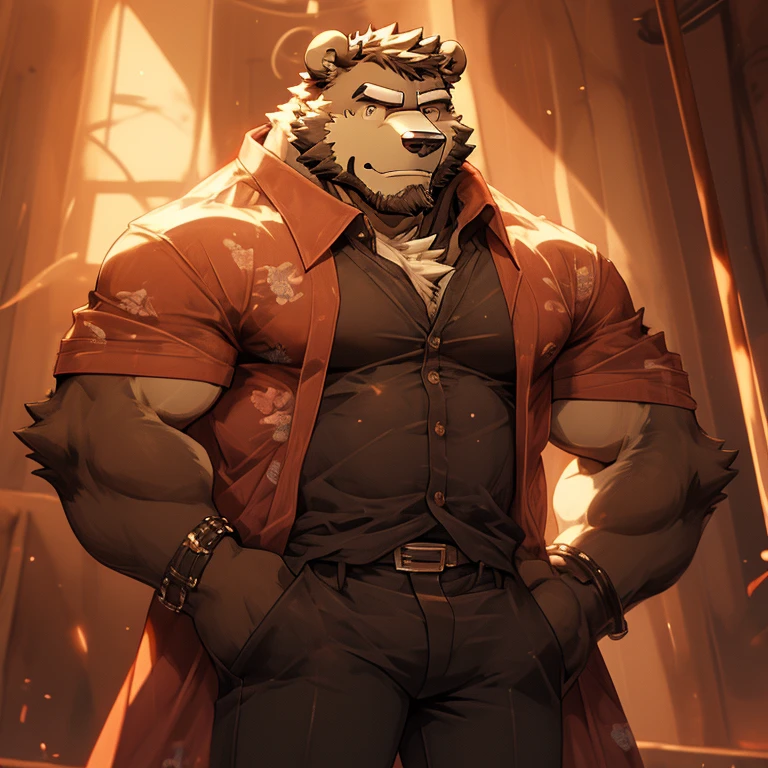 alone, smile, short hair, shirt, animal ears, male focus, cowboy shot, collared shirt, pants, hand on hip, muscular, floral print, sunglasses, pecs, muscular man, red shirt, bara, hairy, chubby, adjusting glasses, hairy male, belly, brown pants, partially unbuttoned, bear ears, hand on glasses, Hawaiian shirt