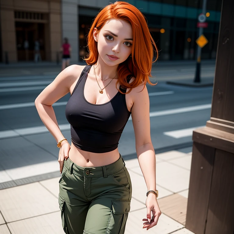 Masterpiece, best quality, detailed face, Kim Possible, black tank top, midriff, cleavage, walking, cargo pants, black shoes, red hair, looking at viewer, sexy smirk, perfect hands, in a city
