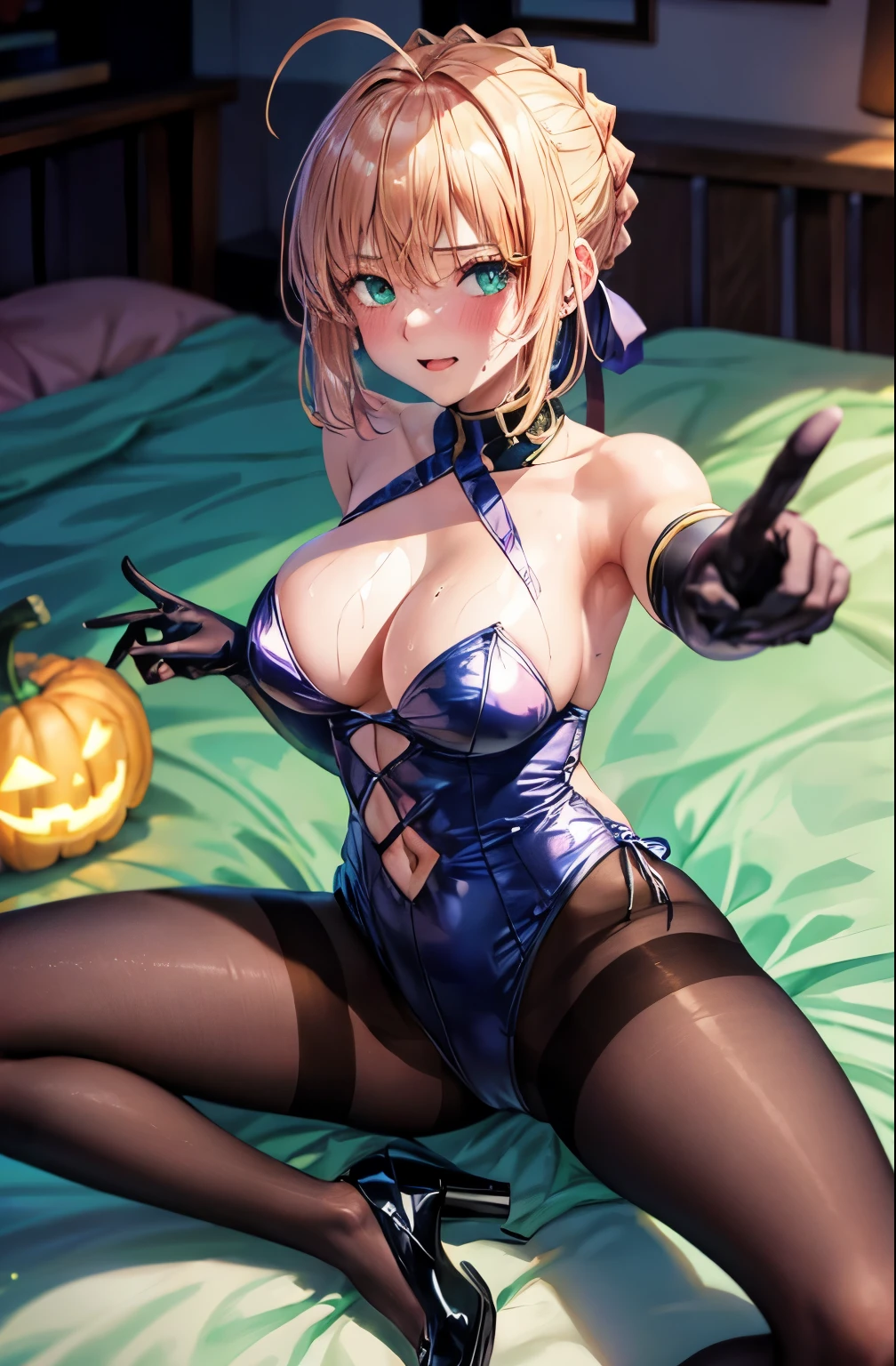 1 girl, Artoria Pendragon,destiny,aphrodisiac,Lie,Things to know,full of sweat,Wet Area,on the bed,huge , areol, defenseless,embarrassing,please be shy,Knead the milk,Emphasis on milk,Len,Clothes become see-through due to sweat,breast milk, Knight King,Noble,ring,married woman, Pointing straight up, Looking from above, (highest quality:1.1), (masterpiece:1.4), (absurd:1.0), Portrait, Close-up, 1 girl、Momoberia Deviluke、hair ornaments、bob cut、short pink hair、purple eyeedium chest、((leotard))、looking at the viewer、Bedroom、(blush:1.2)、embarrassed look、(((Mesh pantyhose)))、black background、((long gloves))、((spread legs))、high heels、Pumpkin lantern、full moon、Bunny girl, Striped pattern,