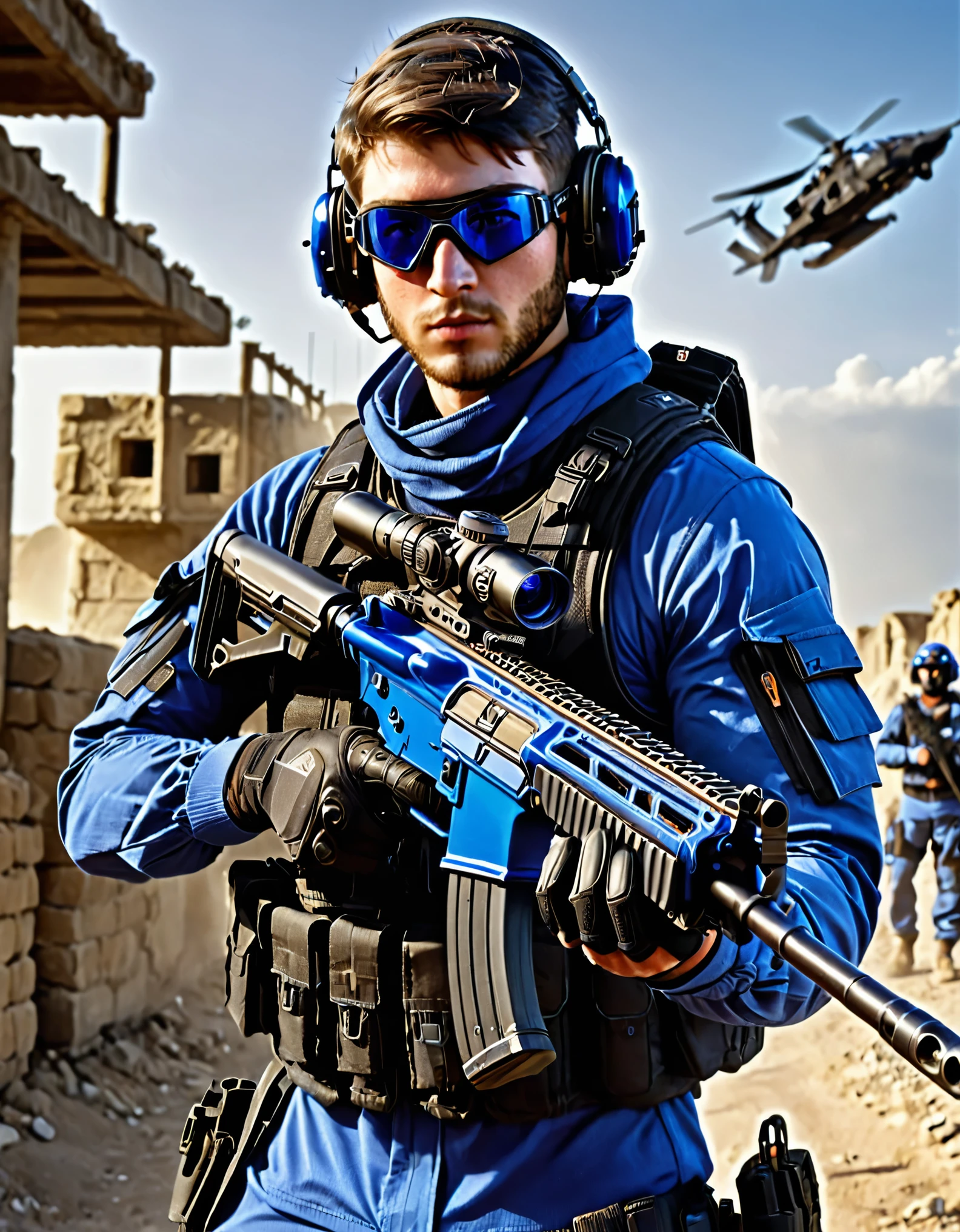 1boy, age 30, solid blue flag patch on shoulder, black assault rifle, tactical vest, gloves, black tactical gloves, goggles, goggles on headwear, gun, handgun, helmet, headset, male focus, military, military uniform, realistic, solo, trigger discipline, uniform, blue uniform, weapon