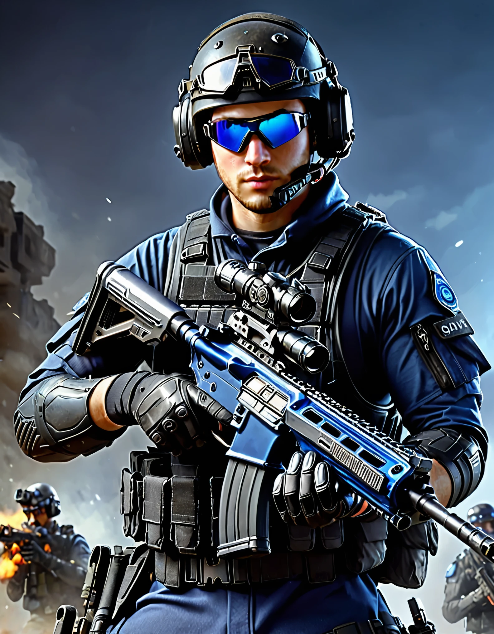 1boy, age 30, solid blue flag patch on shoulder, black assault rifle, tactical vest, gloves, black tactical gloves, goggles, goggles on headwear, gun, handgun, helmet, headset, male focus, military, military uniform, realistic, solo, trigger discipline, uniform, blue uniform, weapon