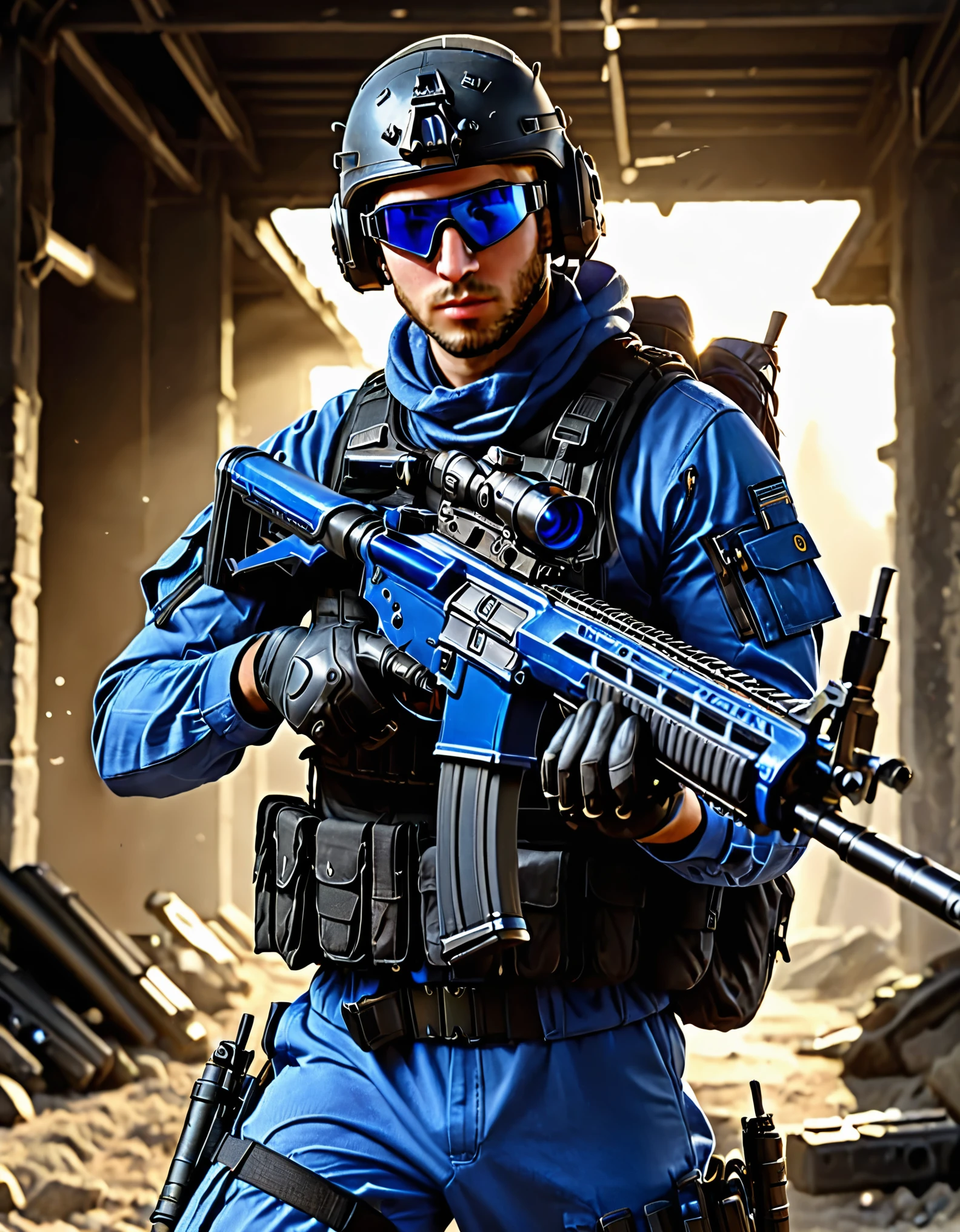 1boy, age 30, solid blue flag patch on shoulder, black assault rifle, tactical vest, gloves, black tactical gloves, goggles, goggles on headwear, gun, handgun, helmet, headset, male focus, military, military uniform, realistic, solo, trigger discipline, uniform, blue uniform, weapon