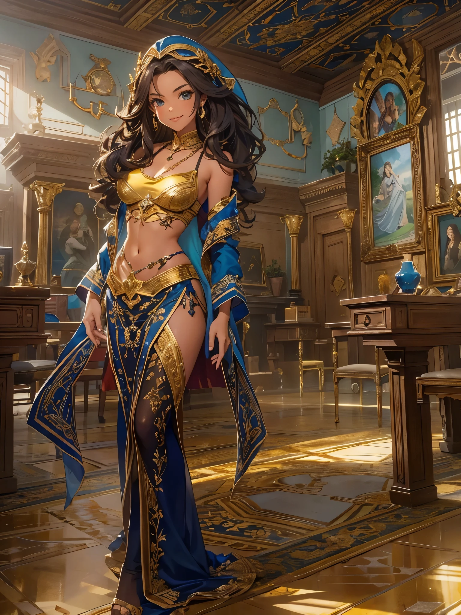 Um jovem Meia-elfa, incrivelmente sexy, garota sexy, she is in magic school, em uma sala de aula, cabelos loira, long flowing hair, brincos e aneis de ouro, armadura celestial, armadura gloriosa sensual, olhos grandes e verde, cleric, deusa do sol, she is smiling, sorrindo de forma graciosa, posando para a foto, pele bronzeada, sol suficiente, brilho divino, strength, instinto, leveza, cores vibrantes, enquadramento perfeito de corpo, pose muito sensual, (alta qualidade), (very high quality), (Hiper realista), (extremamente detalhado), (imagem em 8k)