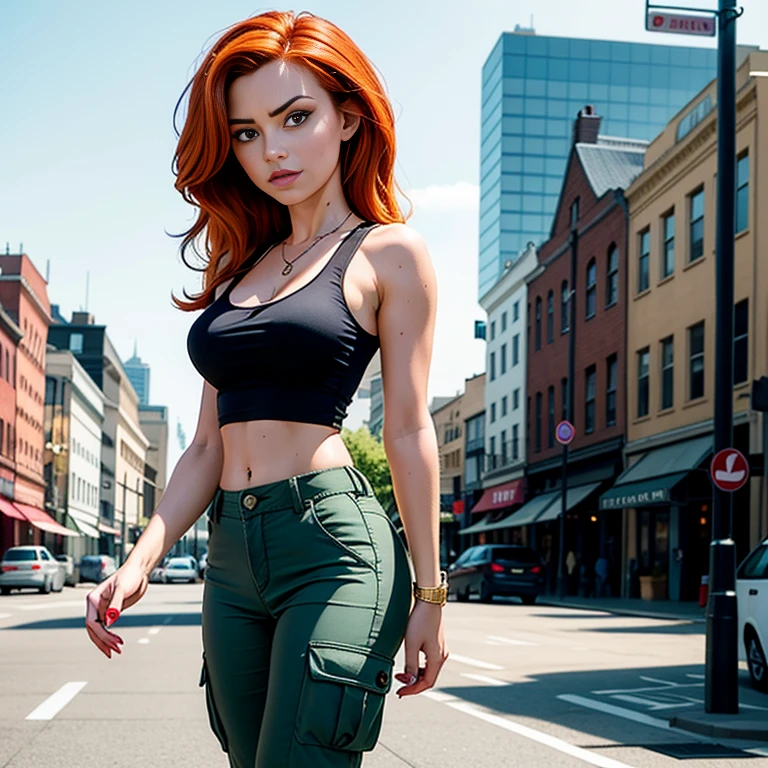 Masterpiece, best quality, detailed face, Kim Possible, black tank top, midriff, cleavage, walking, cargo pants, black shoes, red hair, looking at viewer, sexy smirk, perfect hands, in a city